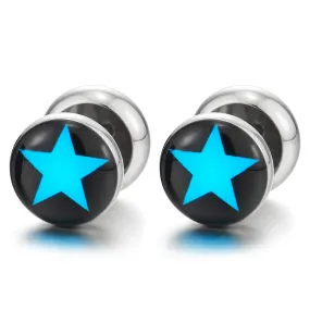 10MM Black Blue Pentagram Star Steel Round Stud Earrings Men Women, Cheater Fake Ear Plugs Gauges