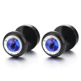 8MM Mens Womens Black Circle Stud Earrings with Blue Spiked Gem Stone, Cheater Fake Ear Plugs Gauges