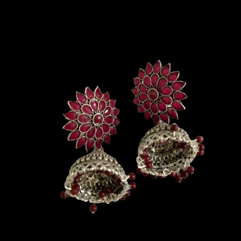 Antique Oxidized Jhumka Earrings With Glass Stones