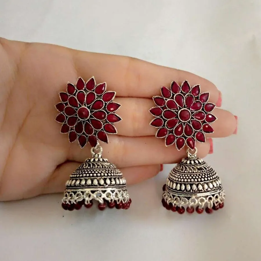 Antique Oxidized Jhumka Earrings With Glass Stones