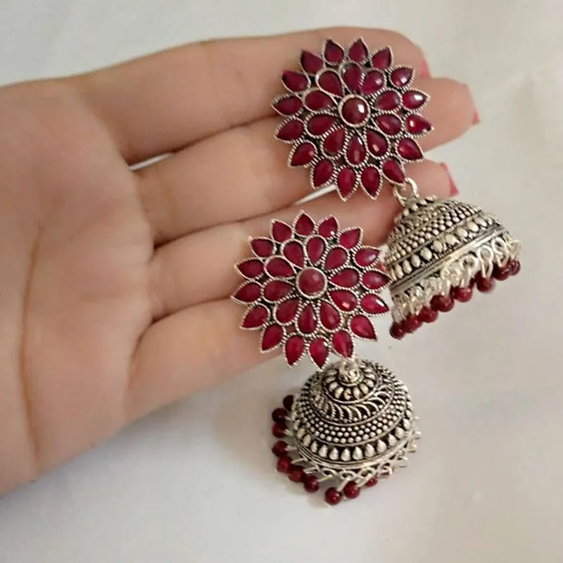 Antique Oxidized Jhumka Earrings With Glass Stones