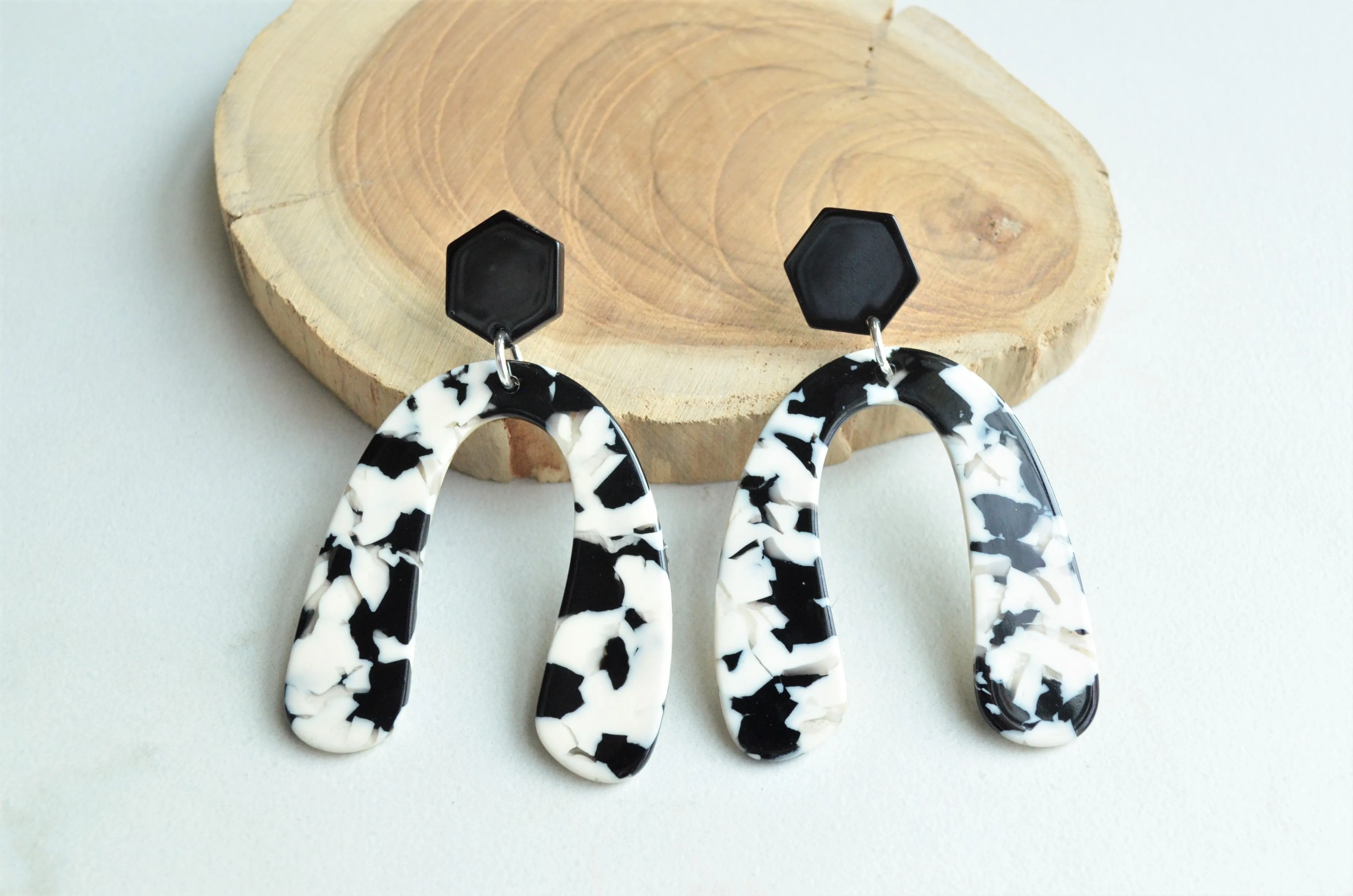 Black White Statement Earrings Acrylic Bold Big Dangle Womens Earrings  - Lillian