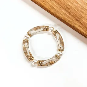 Clear Tube Bracelet with Pearl Spacers and Gold Tone Flakes