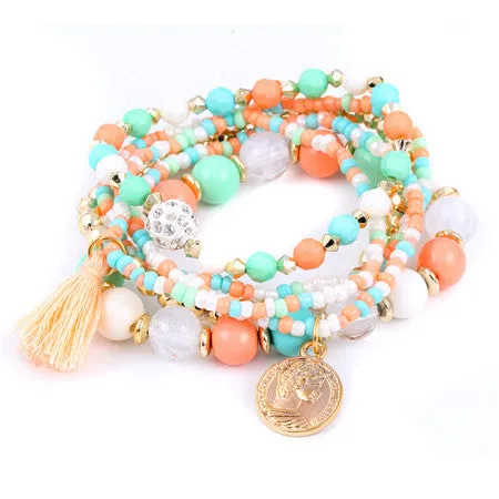 Colorful pulseras Bohemian Ethnic Style Multilayer Beaded Tassel Elastic Rubber Bands Bracelets for Women