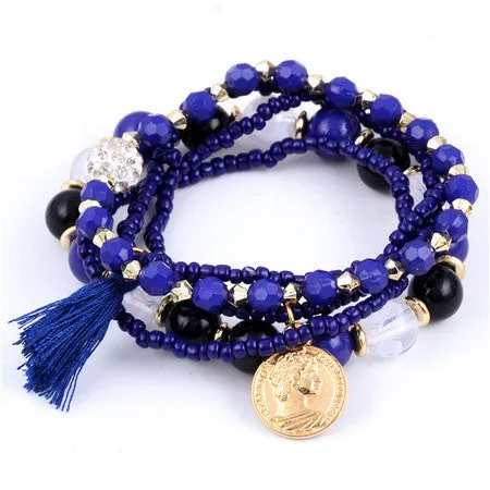 Colorful pulseras Bohemian Ethnic Style Multilayer Beaded Tassel Elastic Rubber Bands Bracelets for Women