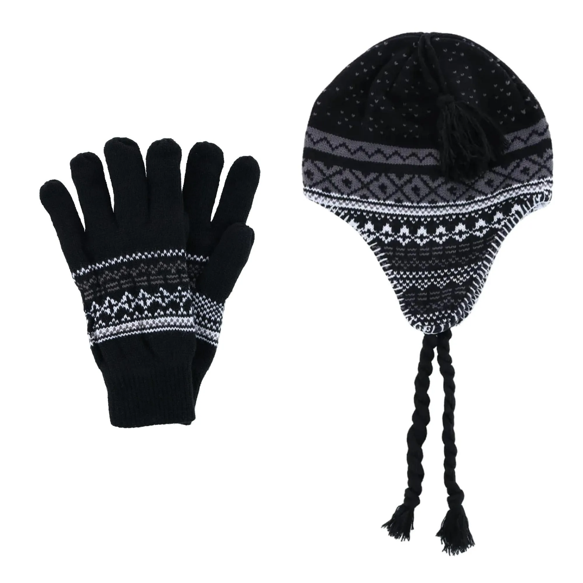 CTM® Men's Heavy Knit Winter Pattern Helmet Hat and Glove Set