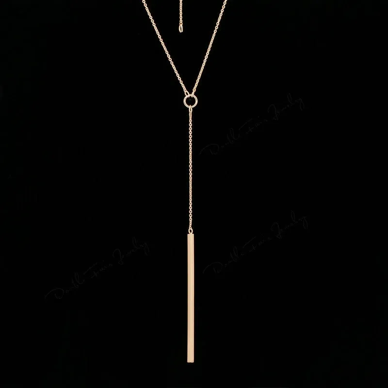 Double Fair Anti Allergy Hot Sale Y Style Chain Long Necklaces & Pendants Rose Gold Plated Strip Bar Jewelry For Women