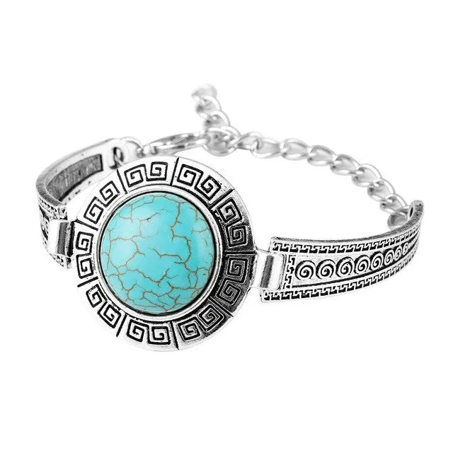 Fashion Hot Sales Vintage Jewelry Bracelelt Carved Tibetan Silver Round Turquoise Chain Bracelets Women pulsera Accessory