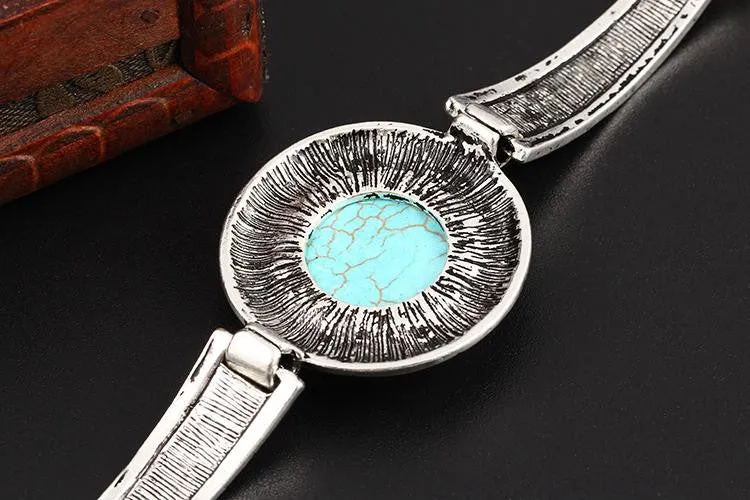 Fashion Hot Sales Vintage Jewelry Bracelelt Carved Tibetan Silver Round Turquoise Chain Bracelets Women pulsera Accessory