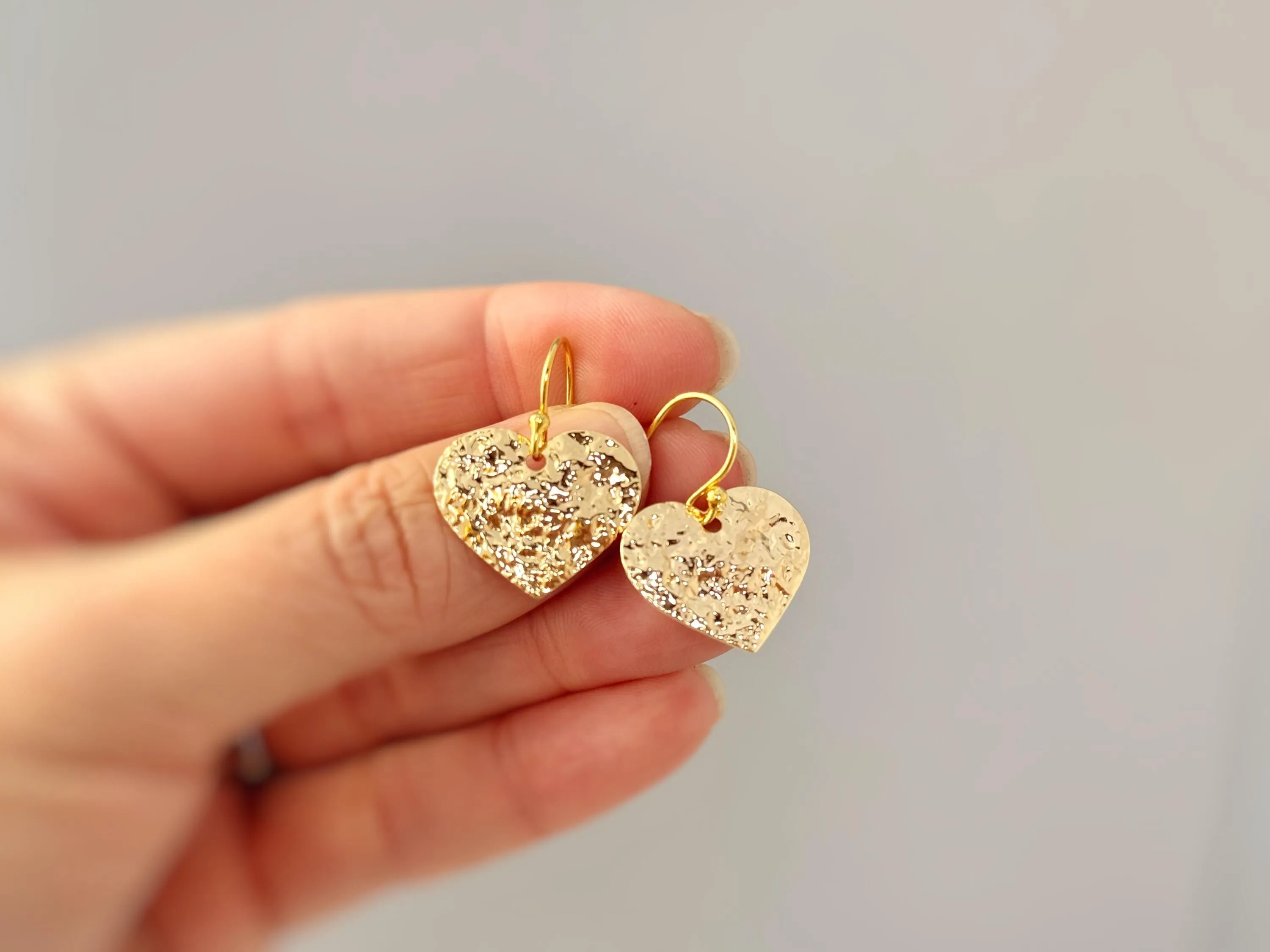 Heart Earrings Gold dangle sparkly boho handmade heart jewelry