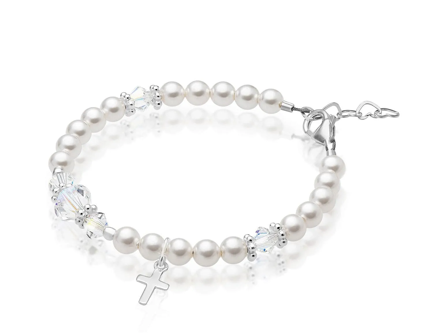 Infant Baby Sterling Silver Cross Baptism Pearl Bracelet White Pearl Clear Crystals