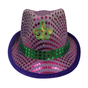 LED Purple and Green Sequin Fedora with Gold Fleur de Lis (Each)