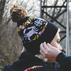 Maryland Flag Stripe, White Crab & White Snowflake (Black) / Knit Beanie Cap w/ Pom-Pom