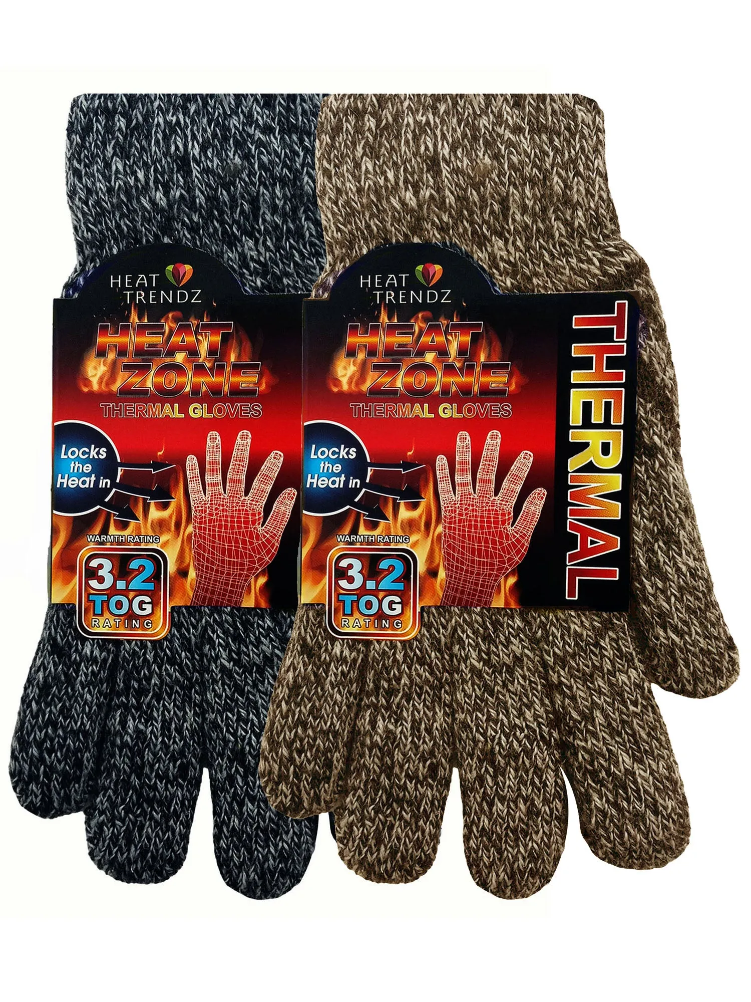 Mens Black & Brown Heated 2-Pack Thick Thermal Winter Gloves