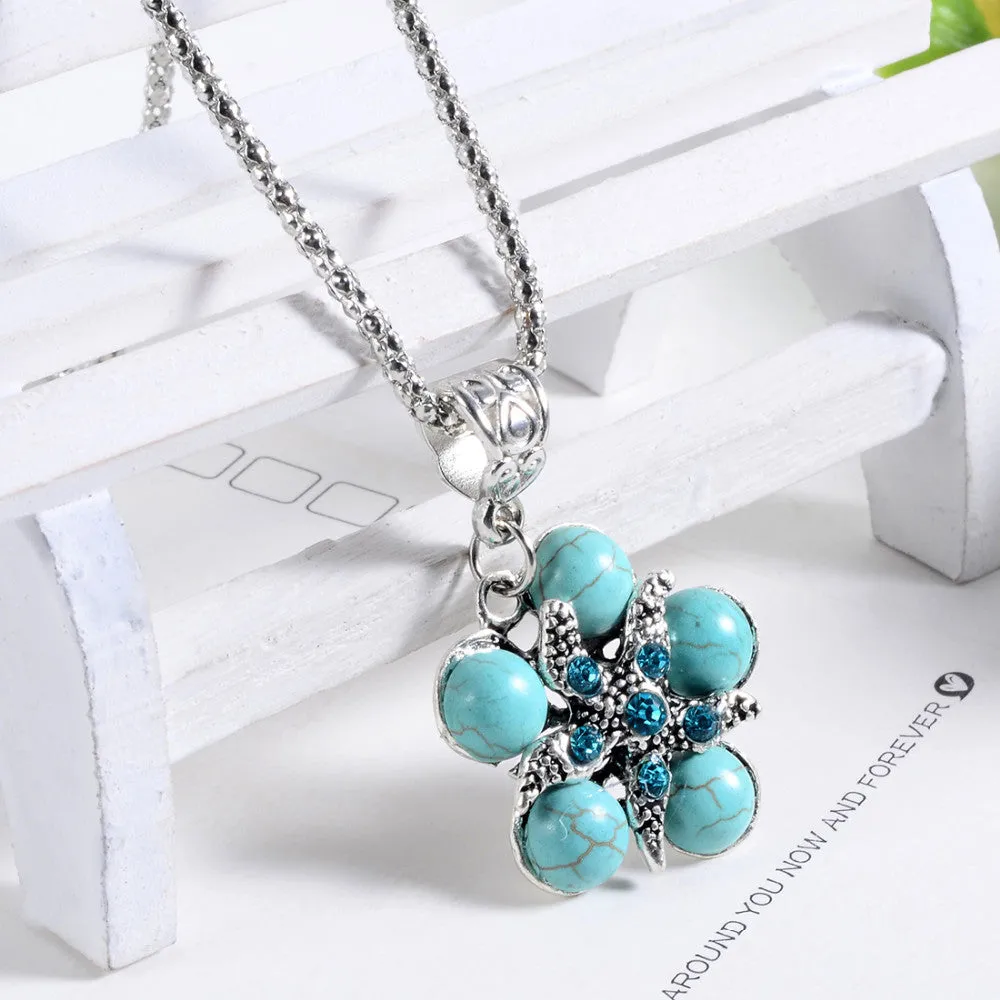 New Arrival Fashion rhinestone blue flower Pendant Tibetant Silver vintage Necklace jewelry for Women