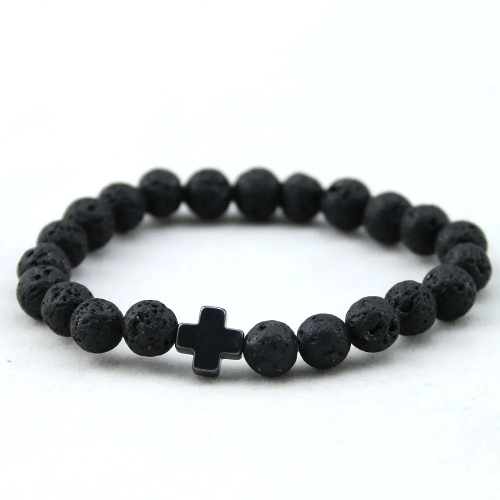 New Arrival Mens Beaded Jewelry 8mm Lava Stone Beads Gallstone Cross Bracelets Party Gift Yoga Jewelry