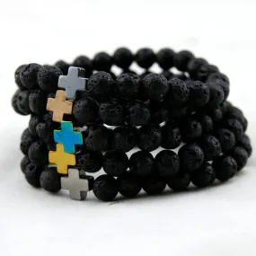 New Arrival Mens Beaded Jewelry 8mm Lava Stone Beads Gallstone Cross Bracelets Party Gift Yoga Jewelry