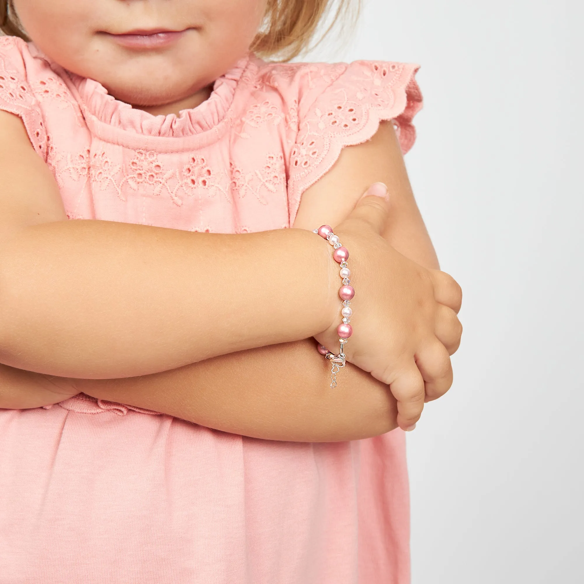 NewBorn Baby Girl Bracelet with Rose & Pink Pearls & Clear Crystals