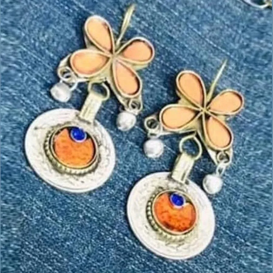 Orange Glass Stone Coins Earrings