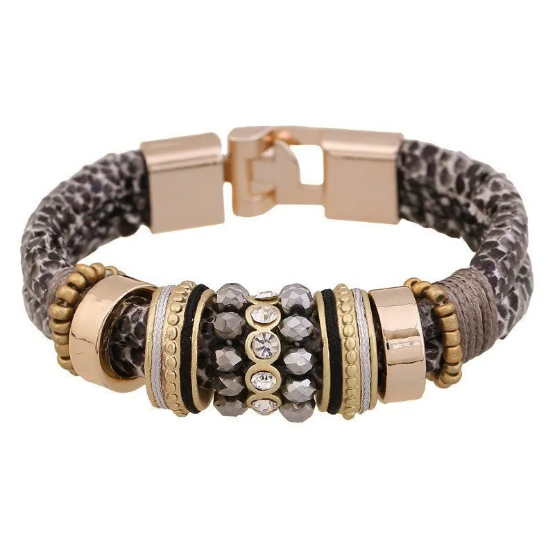 Punk Fashion Leopard Snake Leather Bracelet for Women Men Gold Magnet Buckle with Crystal Beads Circle Bracelets Bangles bijoux