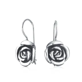 Rose Flower Drop Earrings French Wire Black Oxidized Sterling Silver