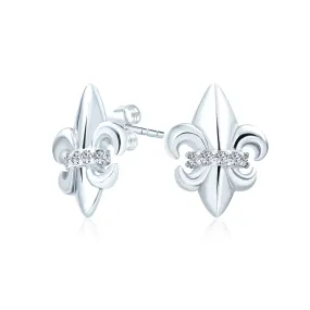 Spiritual Fleur De Lis CZ Stud Earrings Men Lightweight Sterling Silver Lily Flower