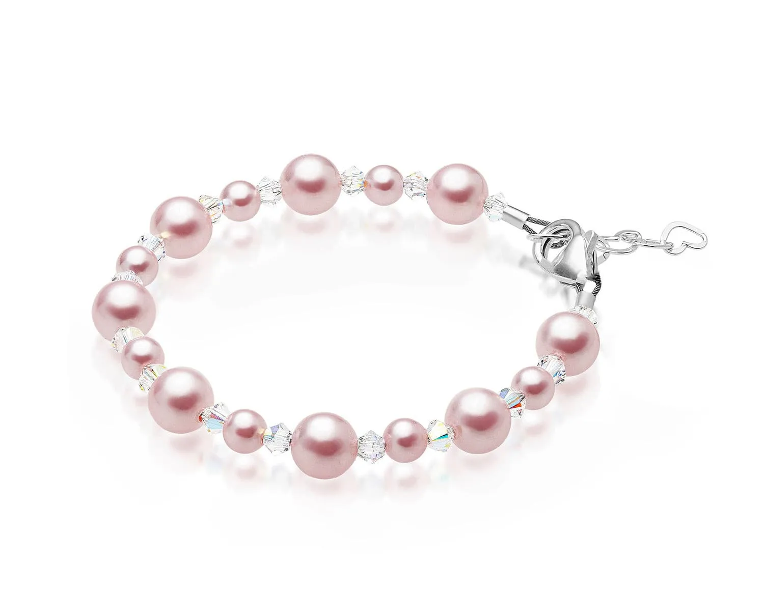 Sterling Silver Bracelet for Girls with Pink Pearls & Clear Crystals