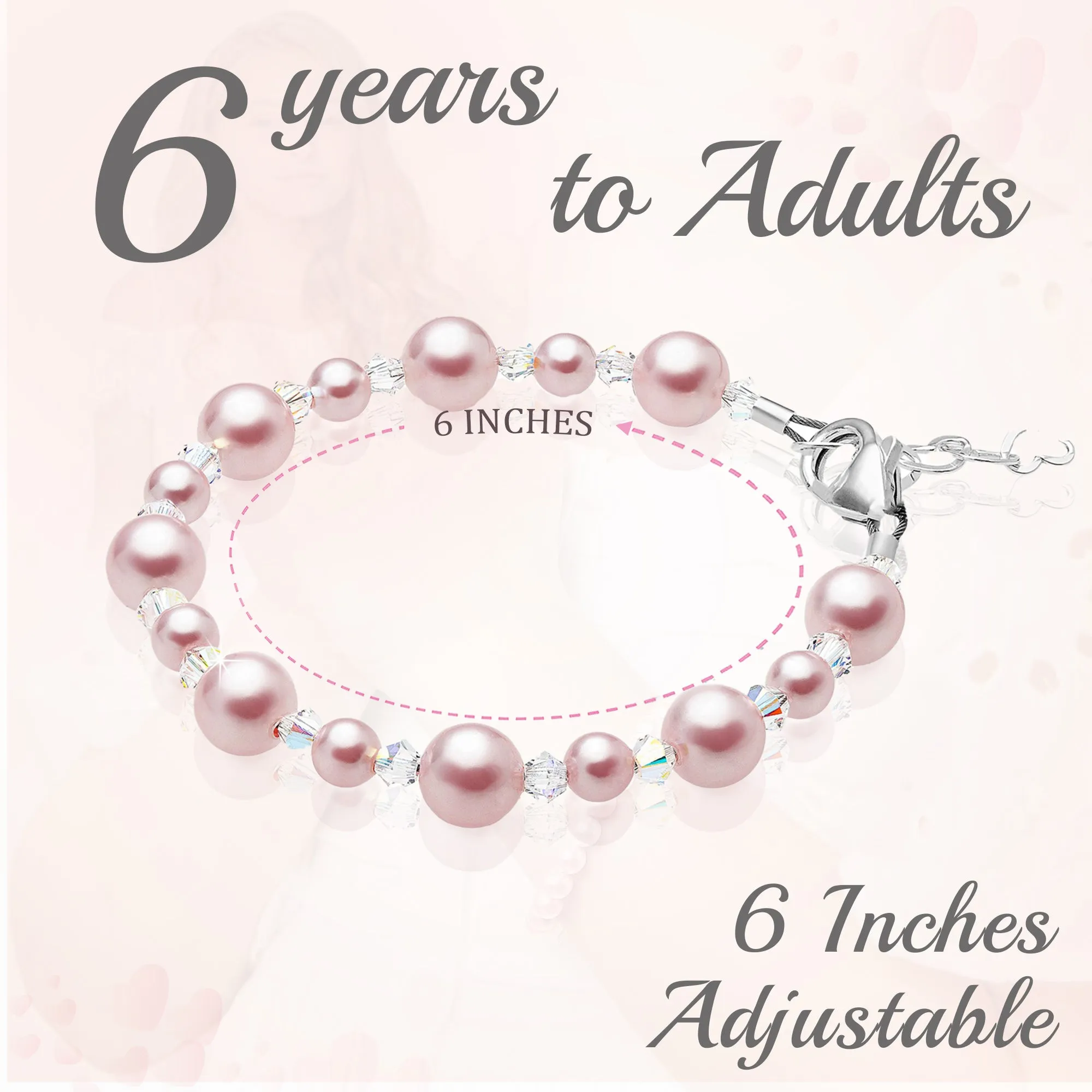 Sterling Silver Bracelet for Girls with Pink Pearls & Clear Crystals