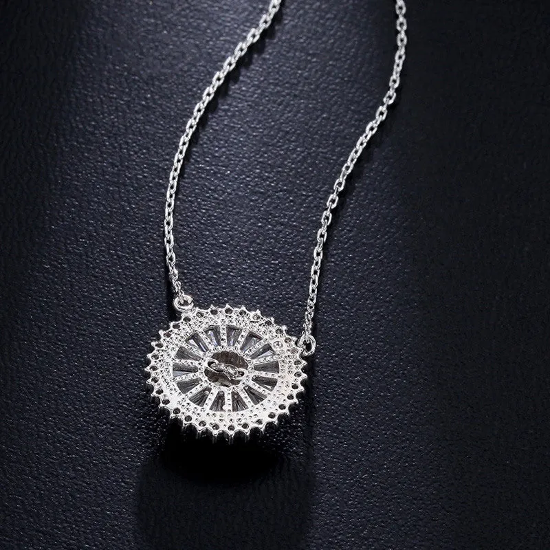 Unique Luxury Necklace Jewelry Sun Shaped Round Colar Pendant Cubic Zirconia White Gold Plated Necklace Women Bijoux