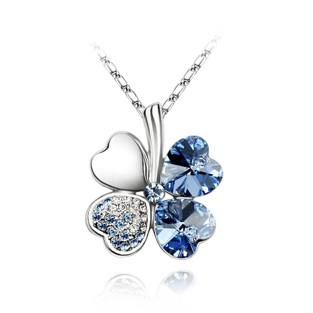 Valentine's Day Four Leaf Clover Crystals Pendant Necklace Silver Plated Chain New Fashion For Women