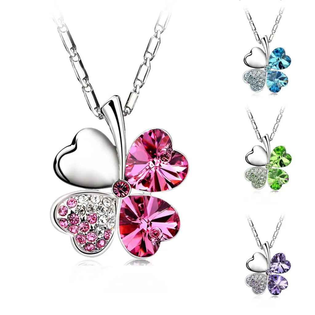 Valentine's Day Four Leaf Clover Crystals Pendant Necklace Silver Plated Chain New Fashion For Women