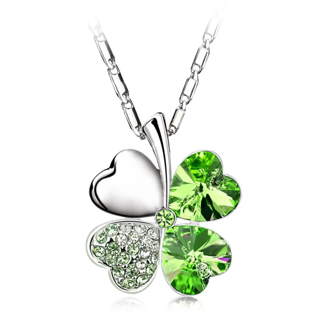 Valentine's Day Four Leaf Clover Crystals Pendant Necklace Silver Plated Chain New Fashion For Women