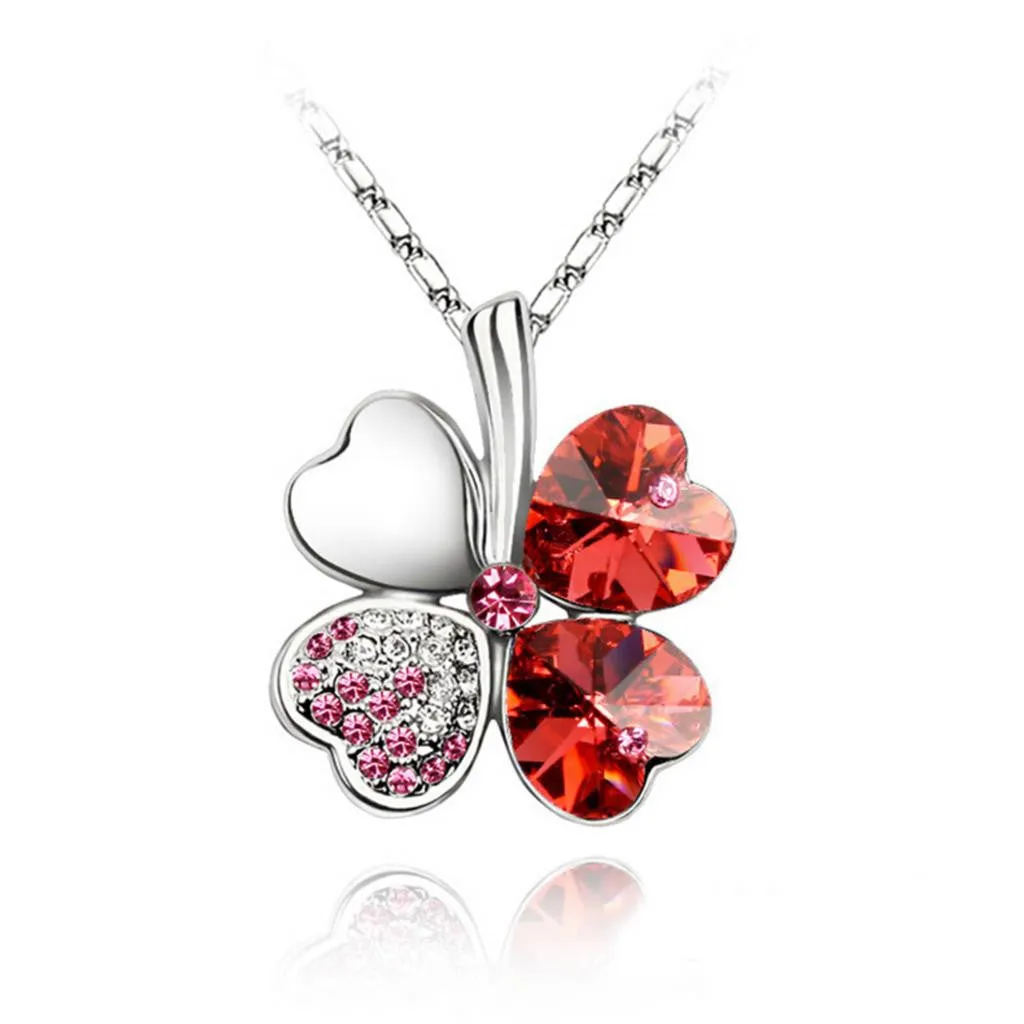 Valentine's Day Four Leaf Clover Crystals Pendant Necklace Silver Plated Chain New Fashion For Women