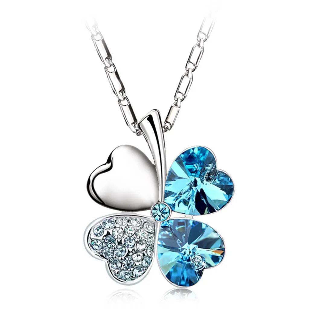 Valentine's Day Four Leaf Clover Crystals Pendant Necklace Silver Plated Chain New Fashion For Women