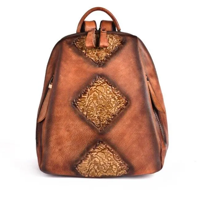 Vintage Women's Embossed Pattern Solid Genuine Leather Travel Backpack