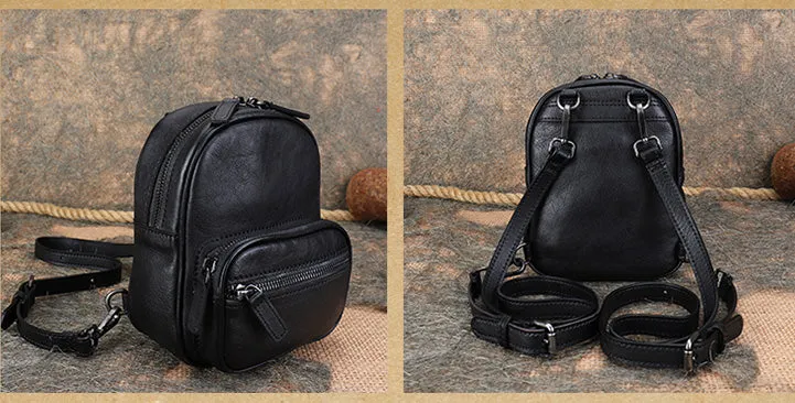 Womens Mini Black Leather Backpack Womens Rucksack