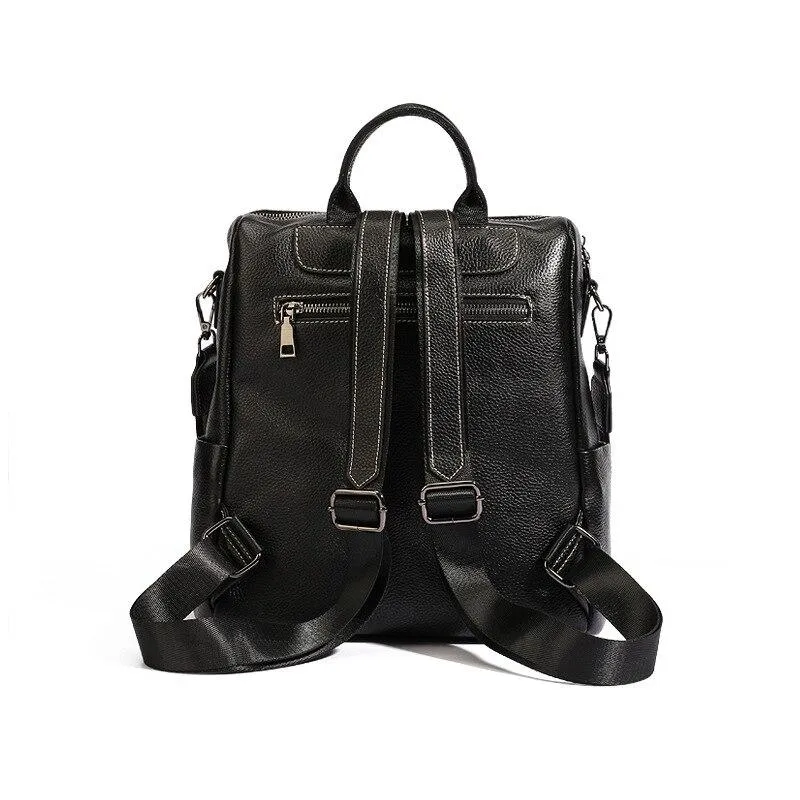 Women's Vintage Fashion Black Genuine Leather Shoulder Bag Backpack